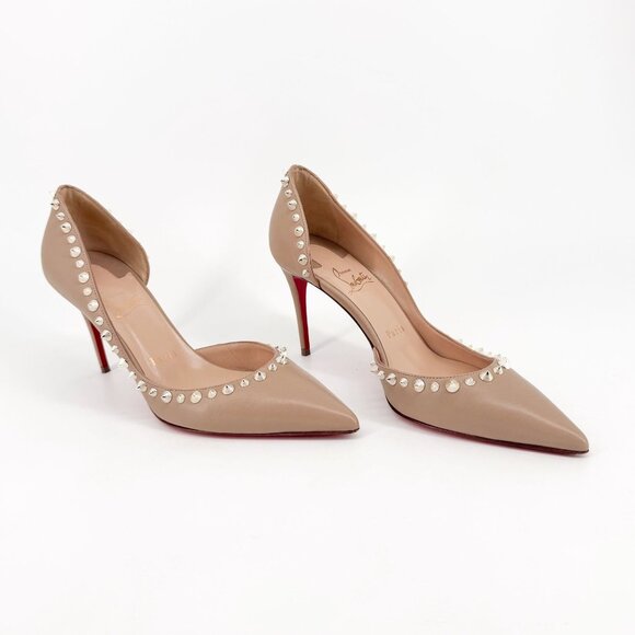 Christian Louboutin Irishell 85 Beige Leather Spike Pumps Heels Size 37.5 US 7.5 - Picture 1 of 15